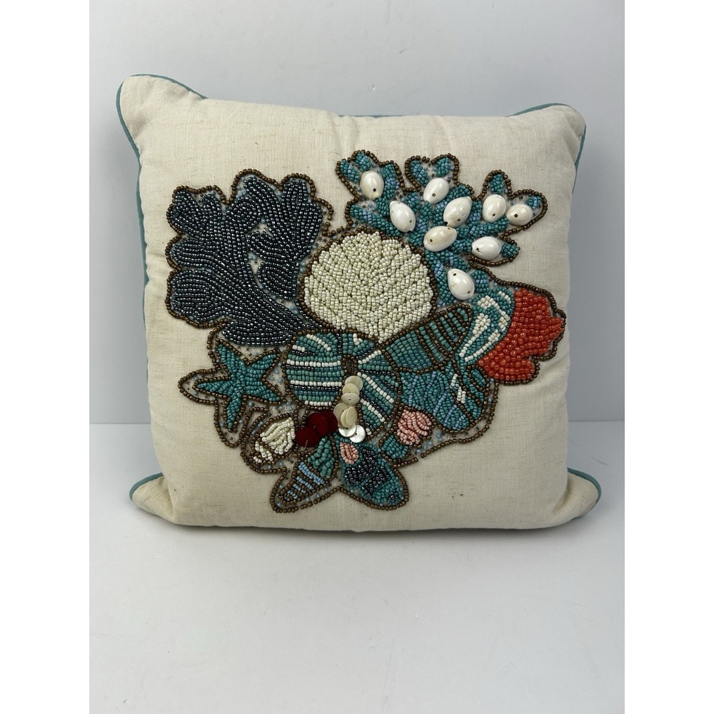 Pier 1 Imports Coastal Beaded Sea Shells Throw Cushion Pillow Decorative 14"x14"